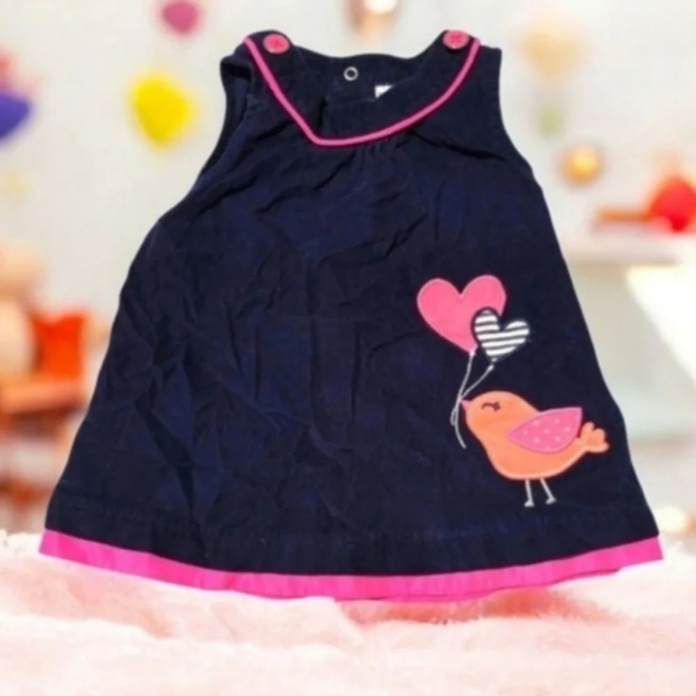 Carter's Corduroy Navy Blue Pink Summer Embroidered Bird Dress Size 6 Month